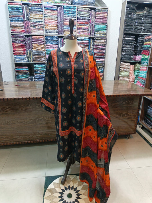 Bin saeed premium lawn stiched shirt trouser 3pc blkor