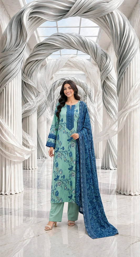 Binsaeed khaddar stiched shalwar kameez 3pc skyblu