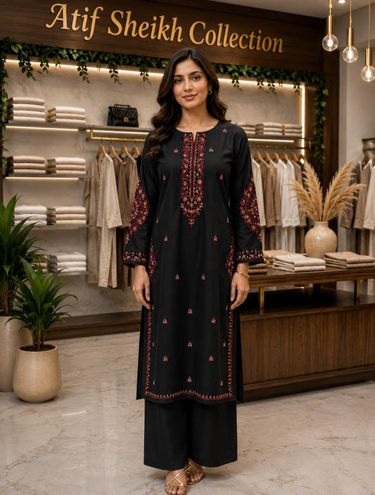 Karandi embroidered stiched shirt trouser 2 pc blk