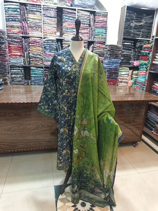 Binsaeed premium lawn stiched shalwar kameez 3pc nvygrn