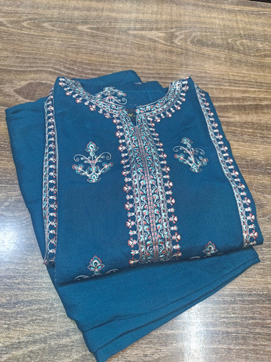 Karandi embroidered stiched shirt trouser 3pc teel