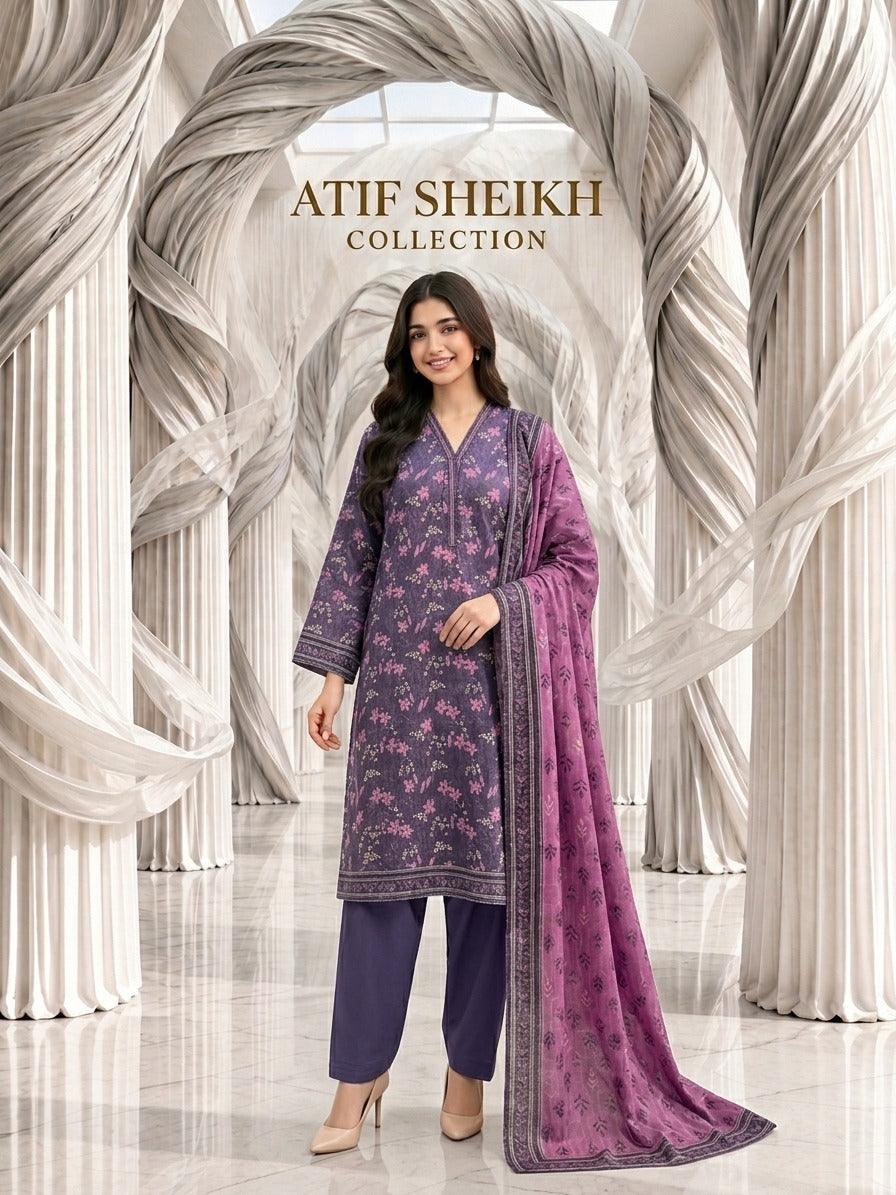 Binsaeed zari khaddar stiched shalwar kameez 3pc prpl