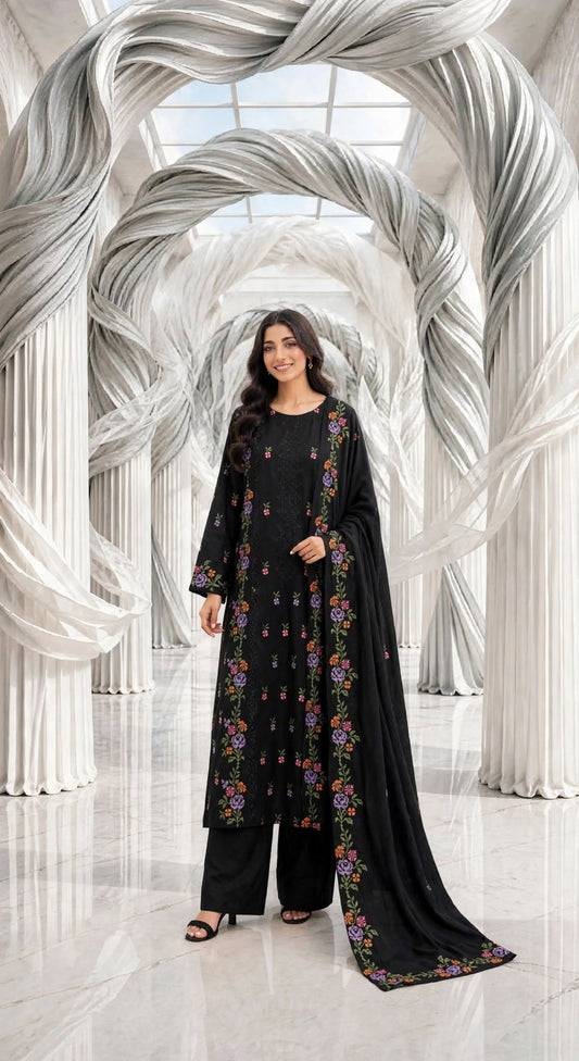 Karandi embroidered stiched shirt trouser 3pc blkchk